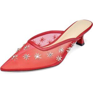 🆕Women Red Mesh Kitten Heel Mules Crystal Flower Pointed Toe Low Heel Pumps
